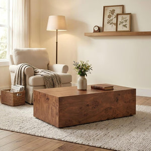 English Elm Premium Burl Walnut Veneer Low Profile Cube Coffee Table for Modern Living Spaces W1151P454440