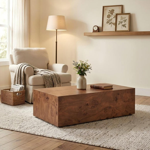 English Elm Premium Burl Walnut Veneer Low Profile Cube Coffee Table for Modern Living Spaces W1151P454440