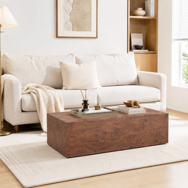 English Elm Premium Burl Walnut Veneer Low Profile Cube Coffee Table for Modern Living Spaces W1151P454440