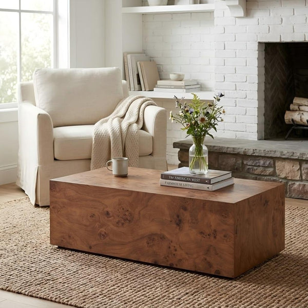 English Elm Premium Burl Walnut Veneer Low Profile Cube Coffee Table for Modern Living Spaces W1151P454440