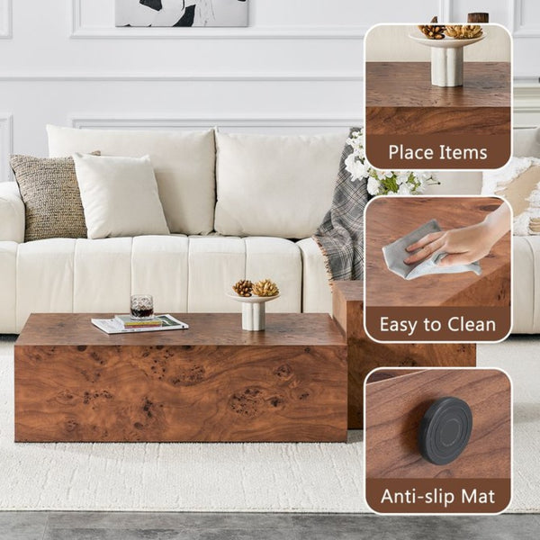 English Elm Premium Burl Walnut Veneer Low Profile Cube Coffee Table for Modern Living Spaces W1151P454440