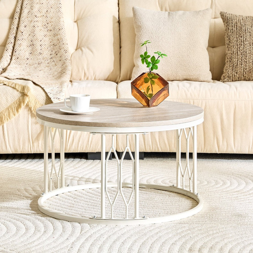 English Elm Round Faux Travertine Coffee Table with Diamond Openwork Legs Wabi-Sabi Living Room W1151P457592