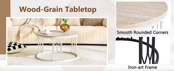 English Elm Round Faux Travertine Coffee Table with Diamond Openwork Legs Wabi-Sabi Living Room W1151P457592