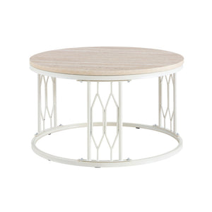 English Elm Round Faux Travertine Coffee Table with Diamond Openwork Legs Wabi-Sabi Living Room W1151P457592