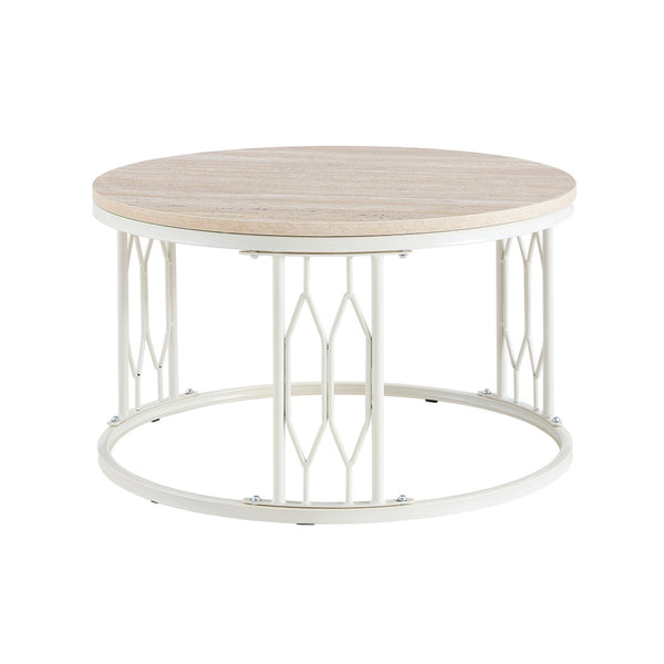 English Elm Round Faux Travertine Coffee Table with Diamond Openwork Legs Wabi-Sabi Living Room W1151P457592