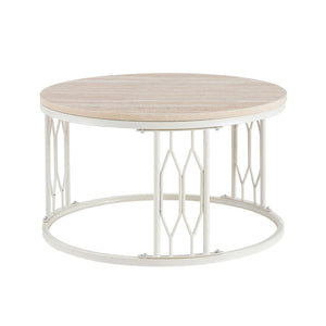 English Elm Round Faux Travertine Coffee Table with Diamond Openwork Legs Wabi-Sabi Living Room W1151P457592