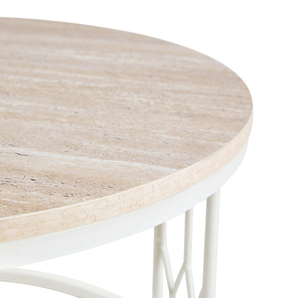 English Elm Round Faux Travertine Coffee Table with Diamond Openwork Legs Wabi-Sabi Living Room W1151P457592