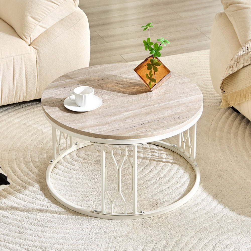 English Elm Round Faux Travertine Coffee Table with Diamond Openwork Legs Wabi-Sabi Living Room W1151P457592