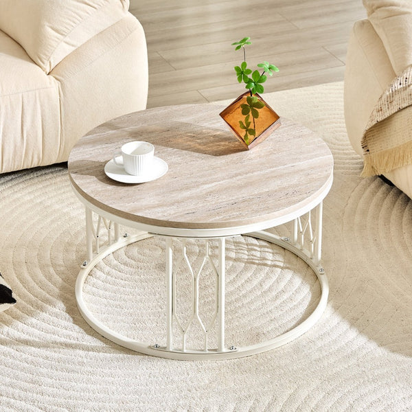 English Elm Round Faux Travertine Coffee Table with Diamond Openwork Legs Wabi-Sabi Living Room W1151P457592