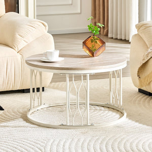 English Elm Round Faux Travertine Coffee Table with Diamond Openwork Legs Wabi-Sabi Living Room W1151P457592