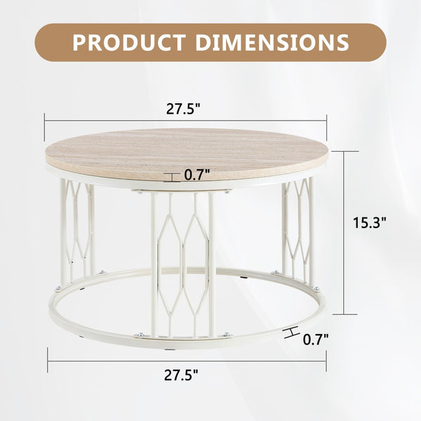 English Elm Round Faux Travertine Coffee Table with Diamond Openwork Legs Wabi-Sabi Living Room W1151P457592
