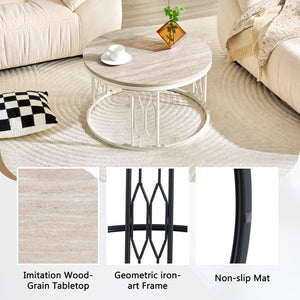 English Elm Round Faux Travertine Coffee Table with Diamond Openwork Legs Wabi-Sabi Living Room W1151P457592