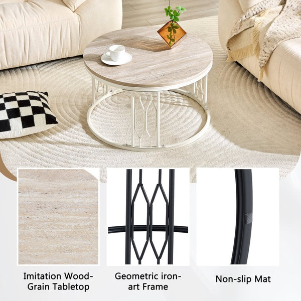 English Elm Round Faux Travertine Coffee Table with Diamond Openwork Legs Wabi-Sabi Living Room W1151P457592
