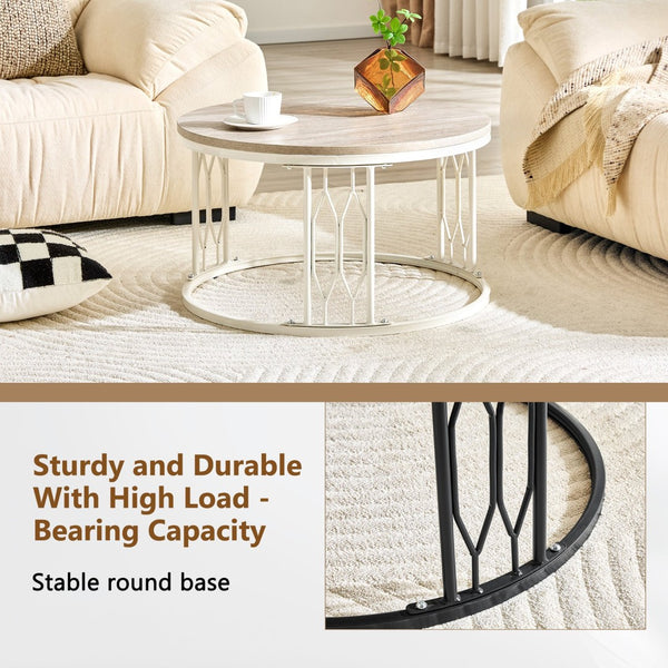 English Elm Round Faux Travertine Coffee Table with Diamond Openwork Legs Wabi-Sabi Living Room W1151P457592