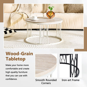 English Elm Round Faux Travertine Coffee Table with Diamond Openwork Legs Wabi-Sabi Living Room W1151P457592