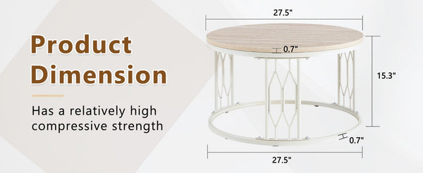 English Elm Round Faux Travertine Coffee Table with Diamond Openwork Legs Wabi-Sabi Living Room W1151P457592