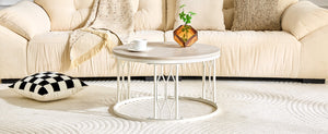 English Elm Round Faux Travertine Coffee Table with Diamond Openwork Legs Wabi-Sabi Living Room W1151P457592