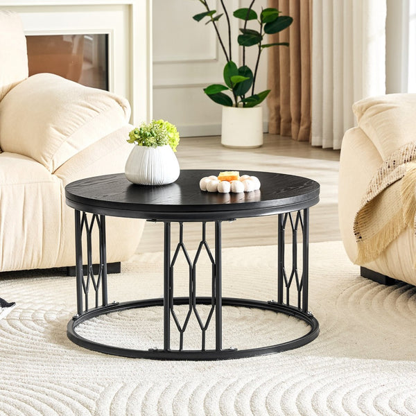 English Elm Black Round MDF Coffee Table Industrial Diamond Metal Base Compact Living Room W1151P457593