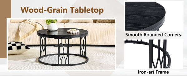 English Elm Black Round MDF Coffee Table Industrial Diamond Metal Base Compact Living Room W1151P457593