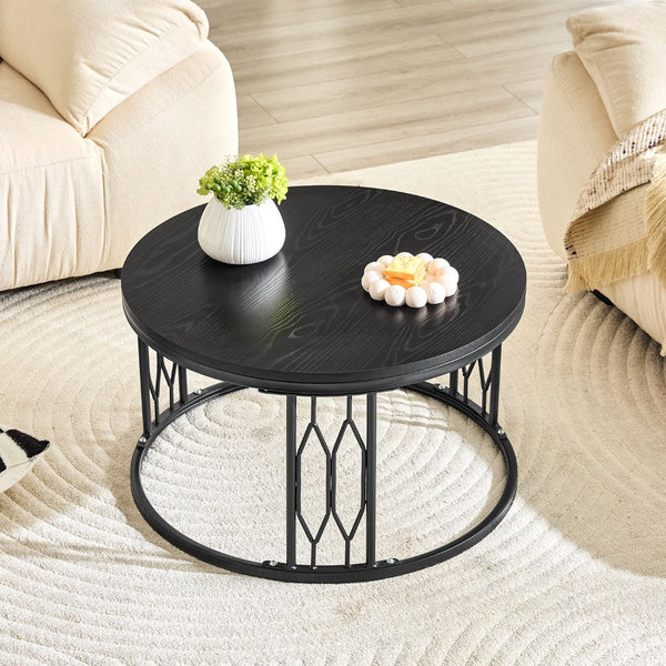 English Elm Black Round MDF Coffee Table Industrial Diamond Metal Base Compact Living Room W1151P457593