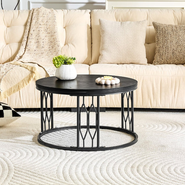 English Elm Black Round MDF Coffee Table Industrial Diamond Metal Base Compact Living Room W1151P457593
