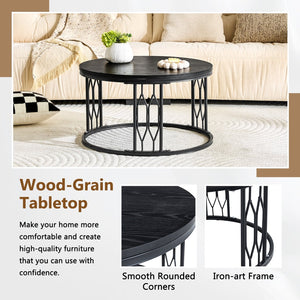 English Elm Black Round MDF Coffee Table Industrial Diamond Metal Base Compact Living Room W1151P457593