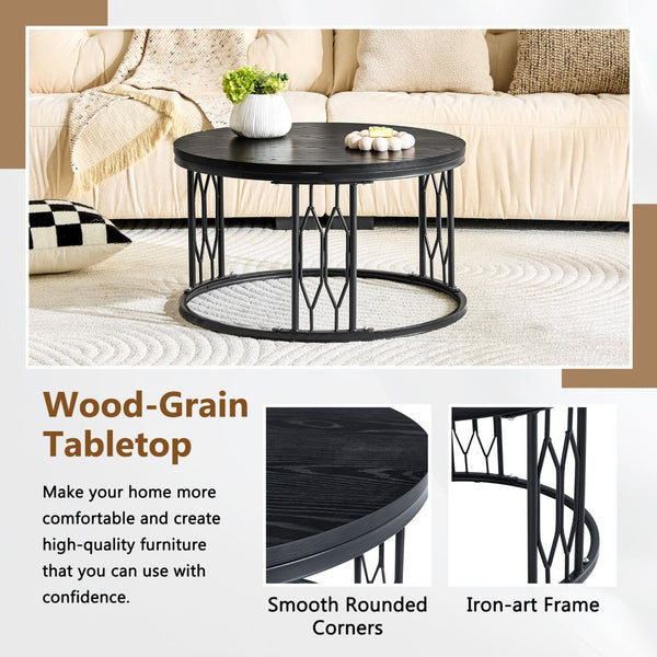 English Elm Black Round MDF Coffee Table Industrial Diamond Metal Base Compact Living Room W1151P457593