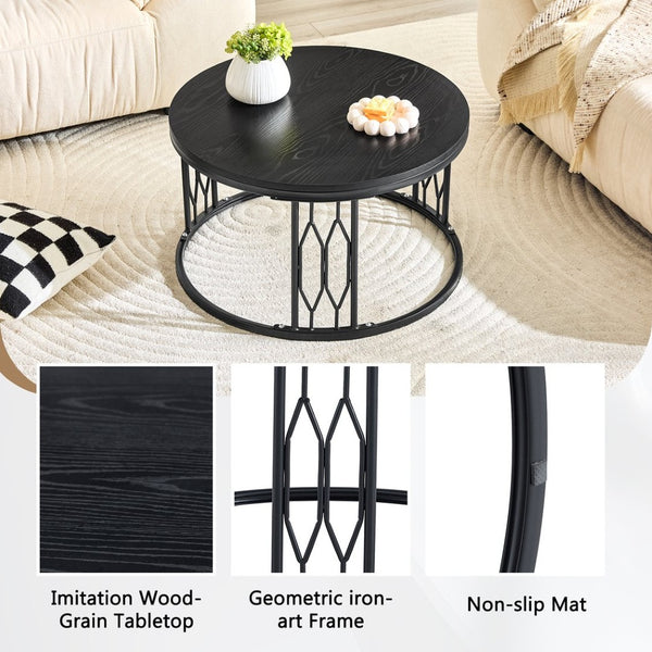 English Elm Black Round MDF Coffee Table Industrial Diamond Metal Base Compact Living Room W1151P457593
