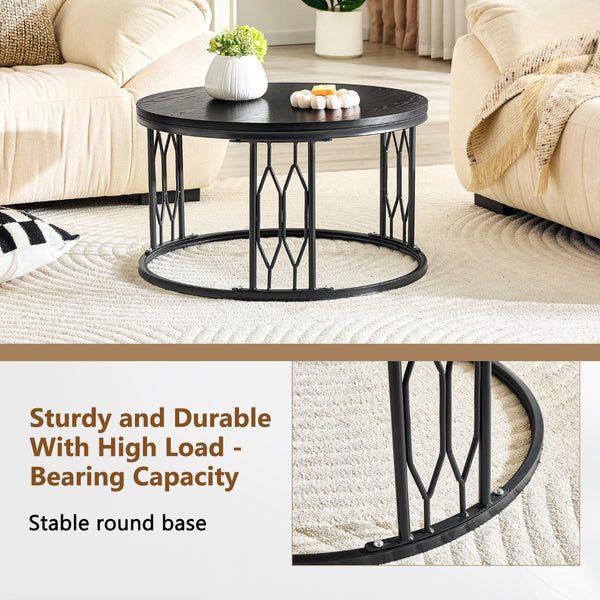 English Elm Black Round MDF Coffee Table Industrial Diamond Metal Base Compact Living Room W1151P457593