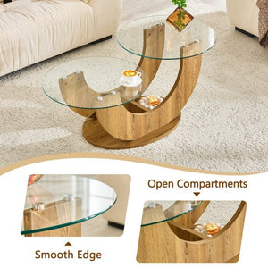 English Elm Creative Two Tier Tempered Glass Coffee Table with Curved Mdf Base for Modern Living Wood W1151P458019