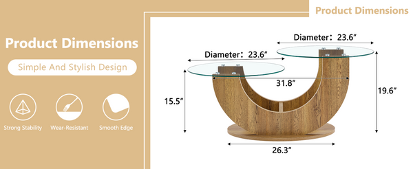 English Elm Creative Two Tier Tempered Glass Coffee Table with Curved Mdf Base for Modern Living Wood W1151P458019