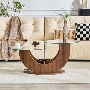 English Elm Creative Two Tier Tempered Glass Coffee Table with Curved Mdf Base for Modern Living Walnut W1151P458020