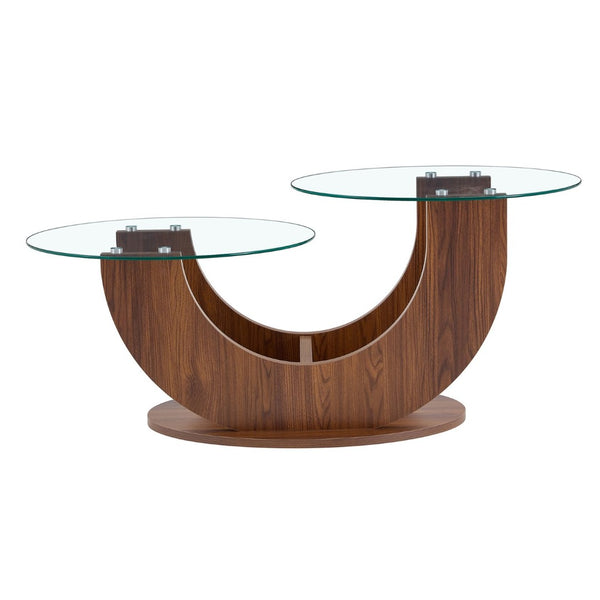 English Elm Creative Two Tier Tempered Glass Coffee Table with Curved Mdf Base for Modern Living Walnut W1151P458020