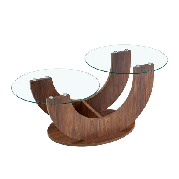 English Elm Creative Two Tier Tempered Glass Coffee Table with Curved Mdf Base for Modern Living Walnut W1151P458020