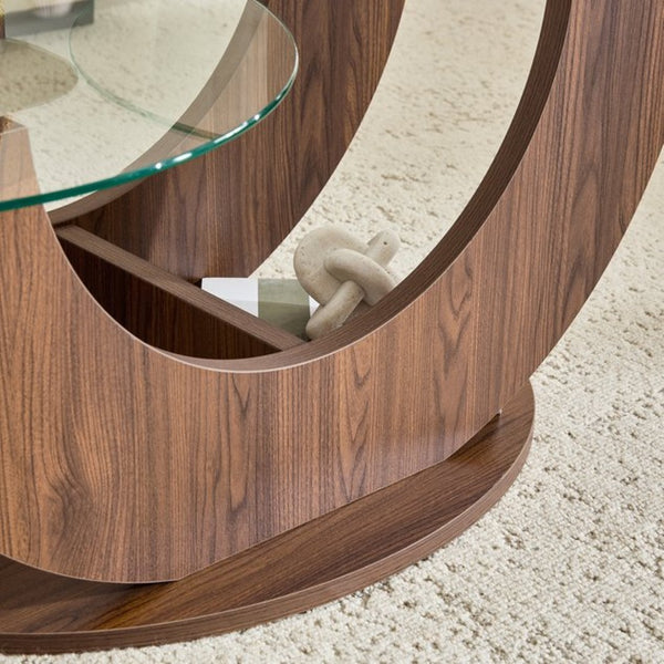 English Elm Creative Two Tier Tempered Glass Coffee Table with Curved Mdf Base for Modern Living Walnut W1151P458020