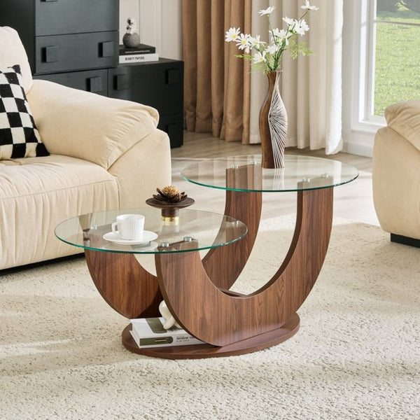 English Elm Creative Two Tier Tempered Glass Coffee Table with Curved Mdf Base for Modern Living Walnut W1151P458020
