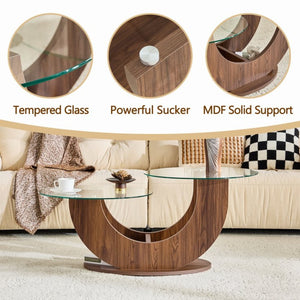 English Elm Creative Two Tier Tempered Glass Coffee Table with Curved Mdf Base for Modern Living Walnut W1151P458020
