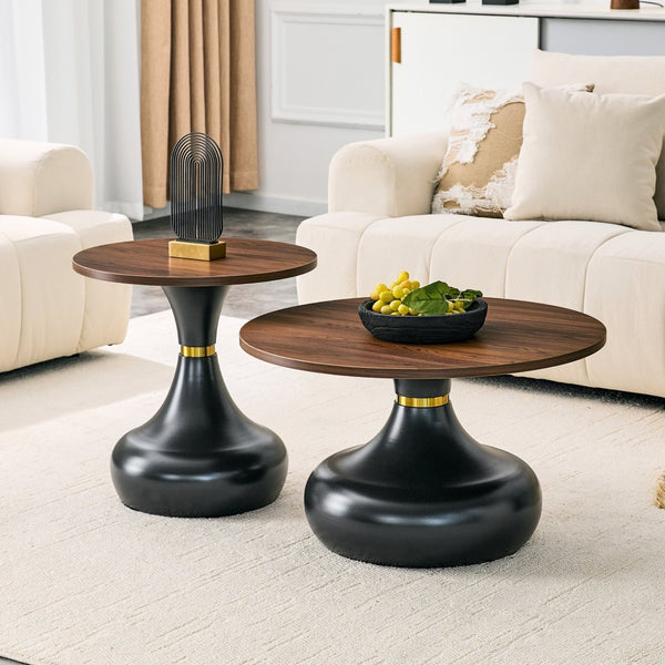 English Elm Affordable Gourd-Shaped Nesting Coffee Table Set Walnut MDF Top Gold Accent Base W1151P458846