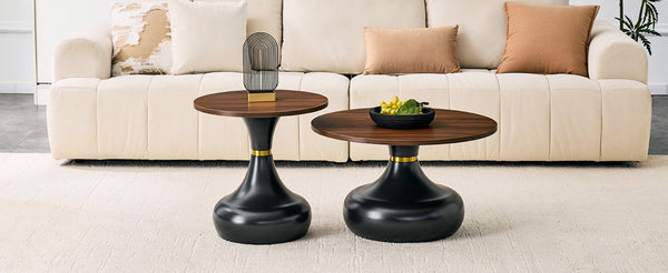 English Elm Affordable Gourd-Shaped Nesting Coffee Table Set Walnut MDF Top Gold Accent Base W1151P458846