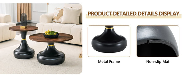 English Elm Affordable Gourd-Shaped Nesting Coffee Table Set Walnut MDF Top Gold Accent Base W1151P458846