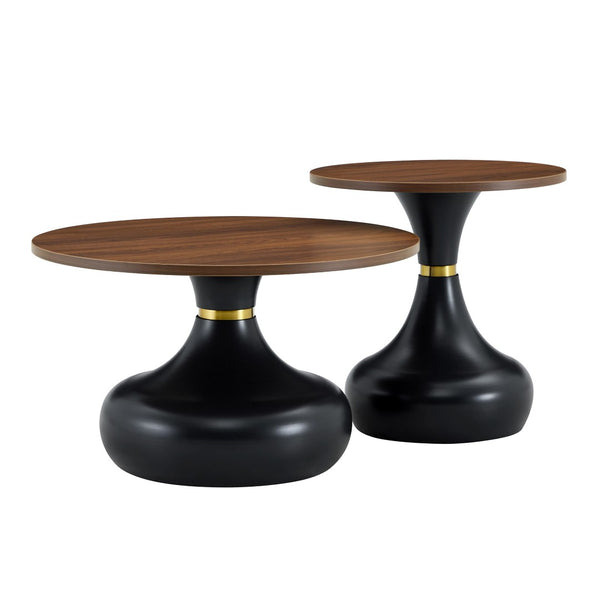 English Elm Affordable Gourd-Shaped Nesting Coffee Table Set Walnut MDF Top Gold Accent Base W1151P458846