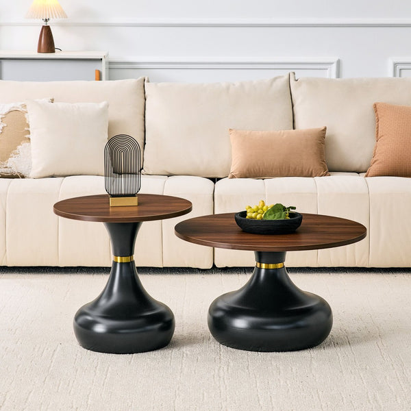 English Elm Affordable Gourd-Shaped Nesting Coffee Table Set Walnut MDF Top Gold Accent Base W1151P458846