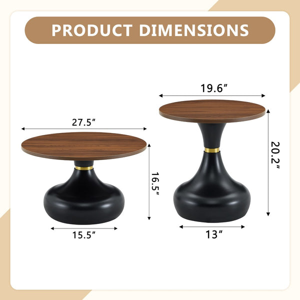 English Elm Affordable Gourd-Shaped Nesting Coffee Table Set Walnut MDF Top Gold Accent Base W1151P458846