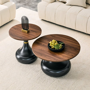 English Elm Affordable Gourd-Shaped Nesting Coffee Table Set Walnut MDF Top Gold Accent Base W1151P458846