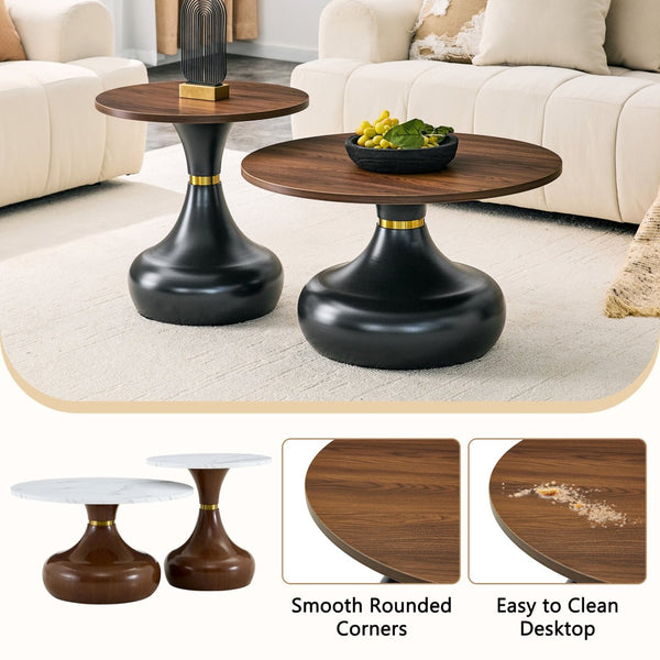 English Elm Affordable Gourd-Shaped Nesting Coffee Table Set Walnut MDF Top Gold Accent Base W1151P458846