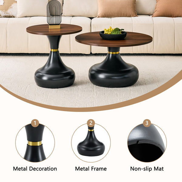 English Elm Affordable Gourd-Shaped Nesting Coffee Table Set Walnut MDF Top Gold Accent Base W1151P458846