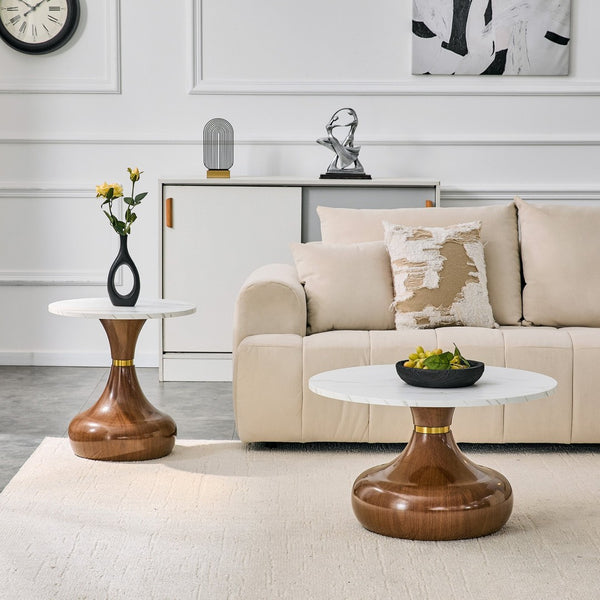 English Elm Affordable Gourd Shaped Nesting Coffee Table Set with MDF Top and Gold Accent Base Walnut, White W1151P458848