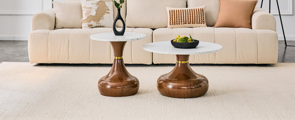English Elm Affordable Gourd Shaped Nesting Coffee Table Set with MDF Top and Gold Accent Base Walnut, White W1151P458848