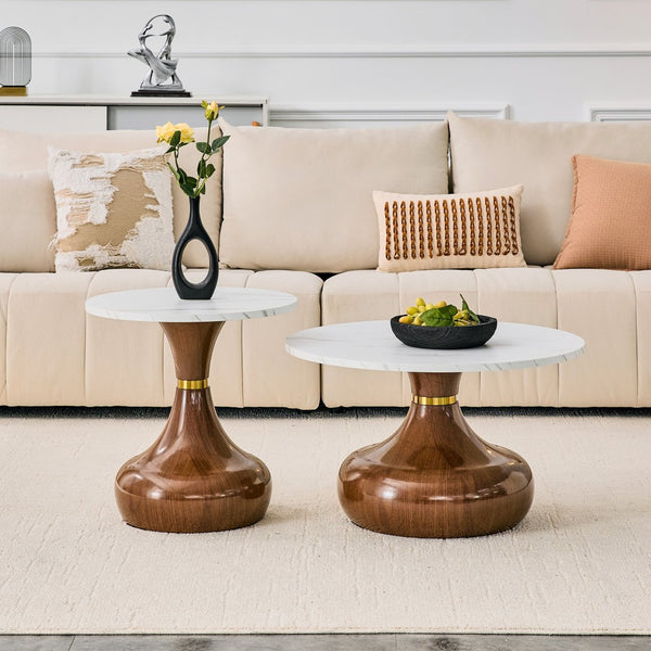 English Elm Affordable Gourd Shaped Nesting Coffee Table Set with MDF Top and Gold Accent Base Walnut, White W1151P458848