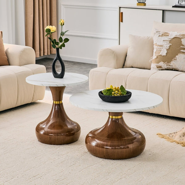 English Elm Affordable Gourd Shaped Nesting Coffee Table Set with MDF Top and Gold Accent Base Walnut, White W1151P458848